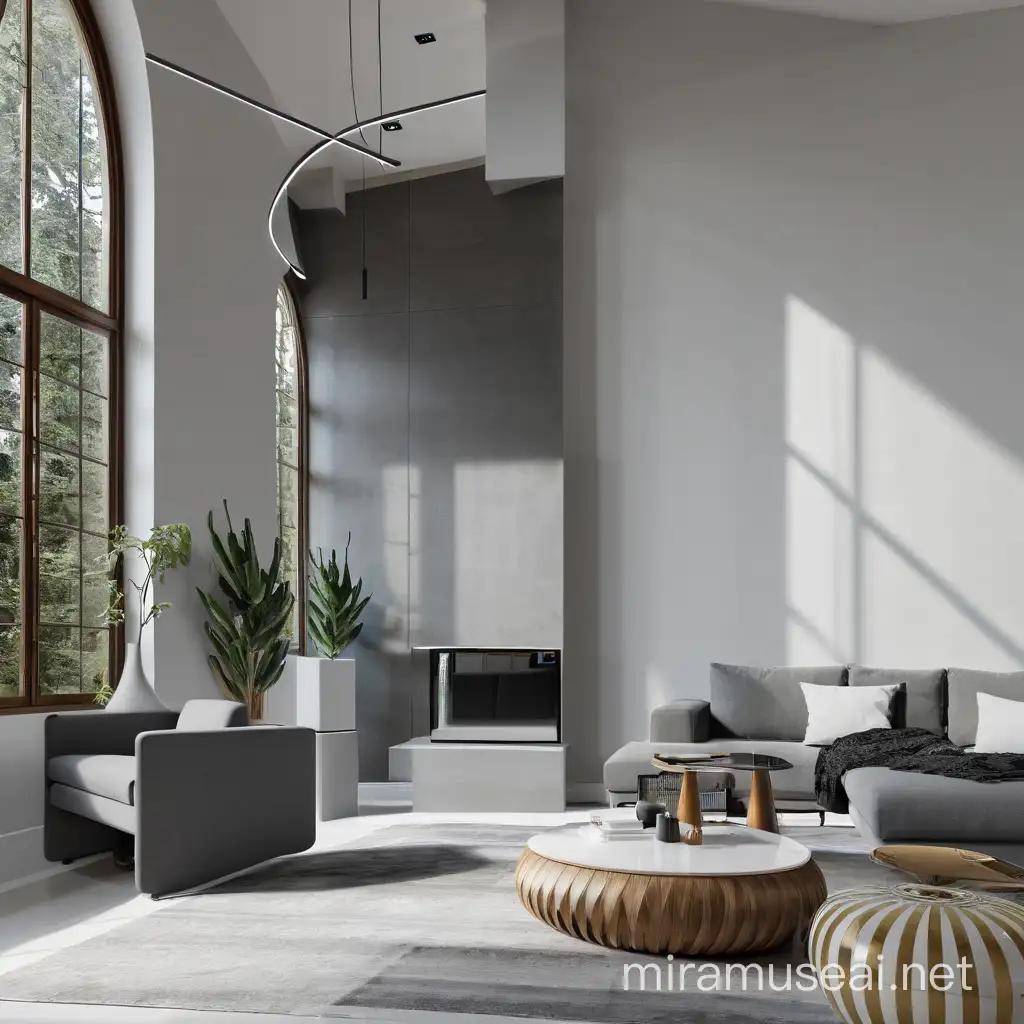  modernized salon like living room  minimalist design elements, and cutting-edge technology. 