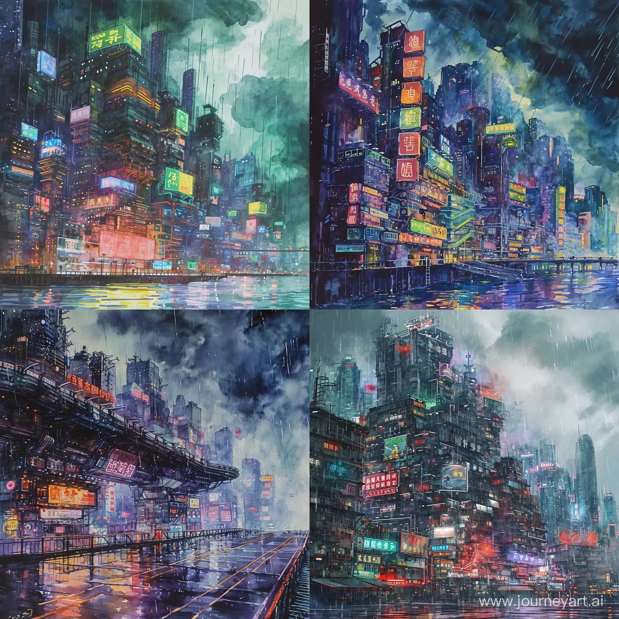 A massive neon kowloon walled futuristic cyberpunk city during a stormy day, watercolor