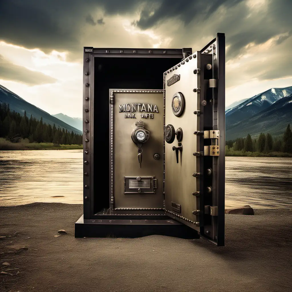 A giant bank safe with the door open. Inside the safe is a scene of a Montana River and mountains. 