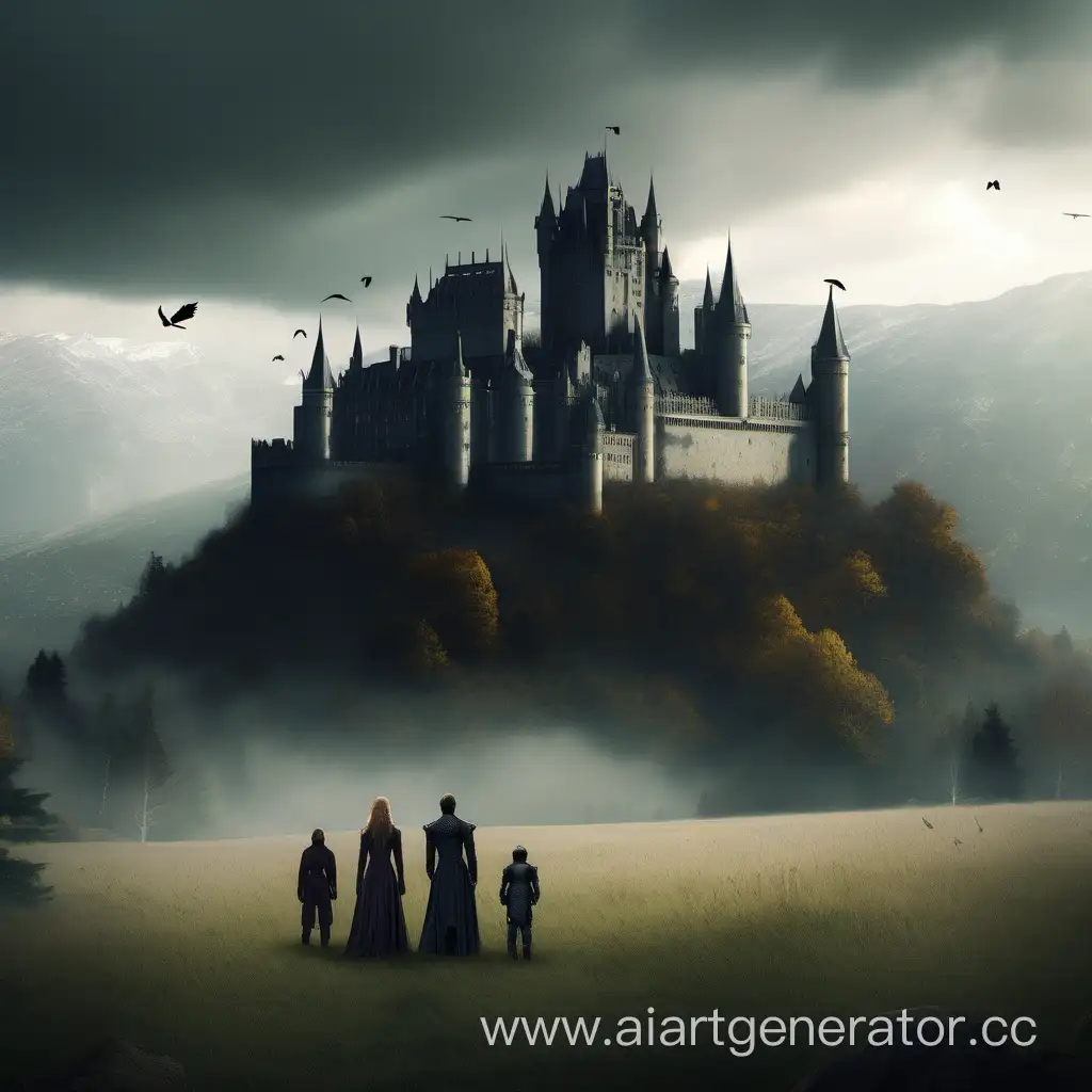 Мрачный красивый замок в горах. На поляне перед замком стоят   персонажи из Игра престолов