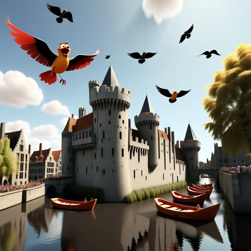 Gravensteen Castle in Ghent Sunny Day with Boats and Birds Disney Pixar Style