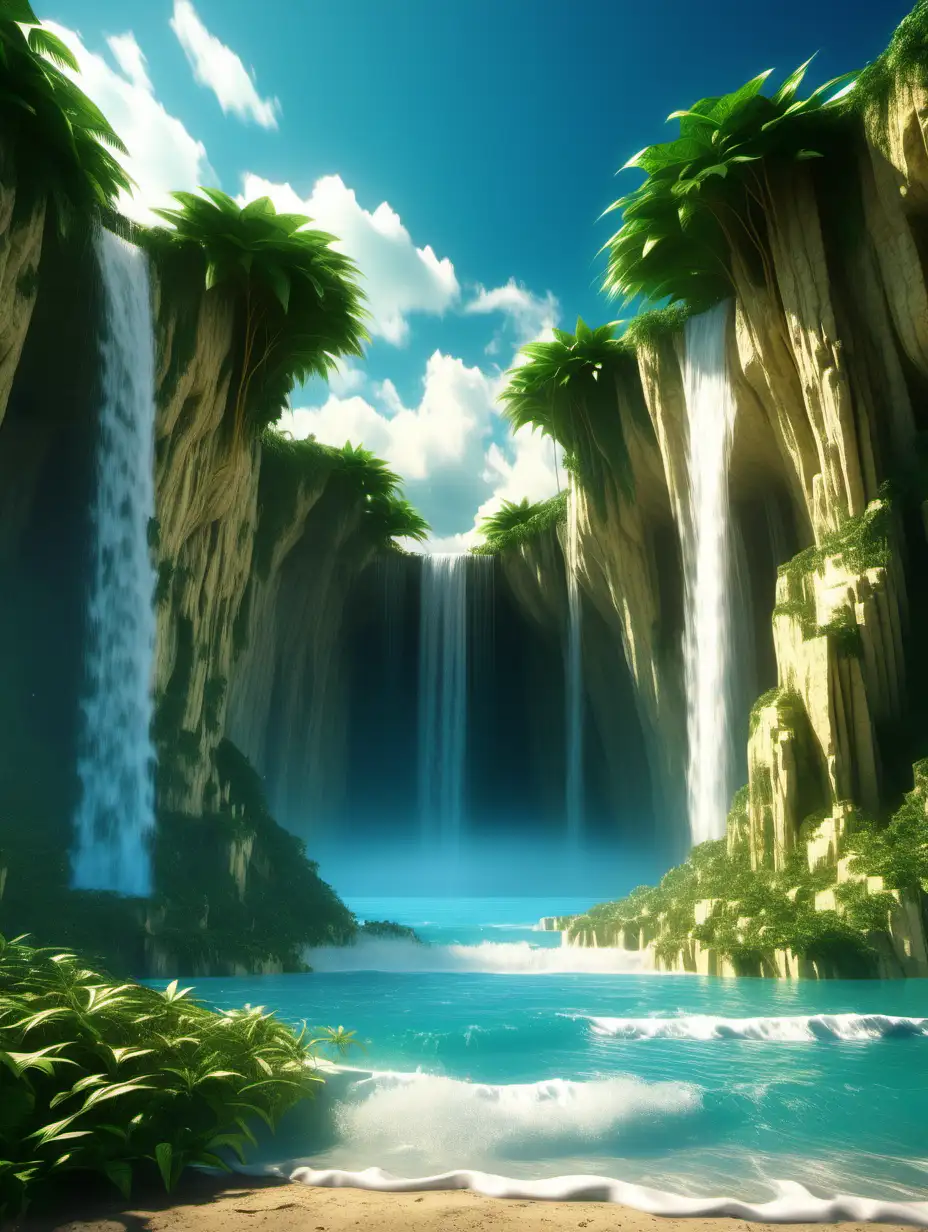 A fantasy beach. Greenery and waterfalls. Blue sky with clouds. Gold 