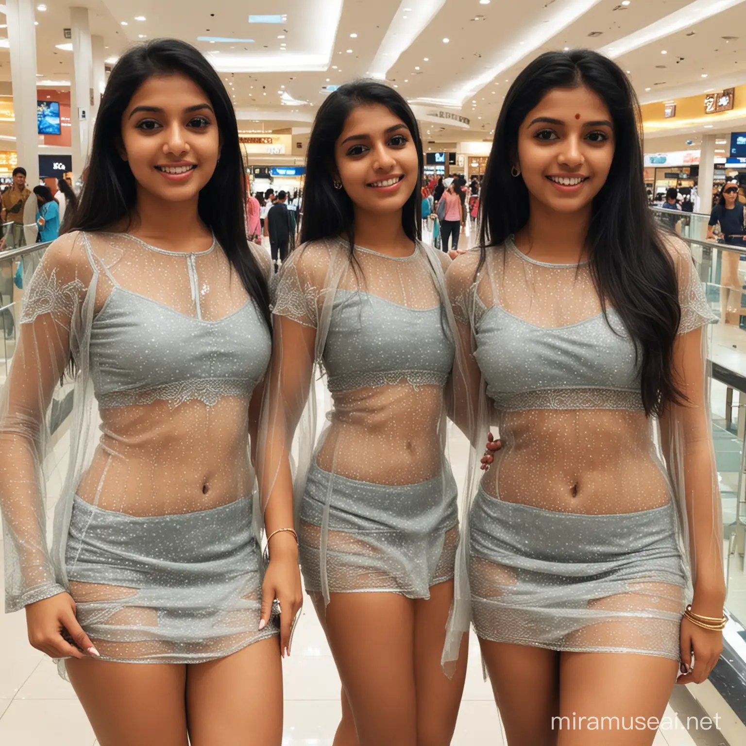 Three Indian Girls Wearing Elegant SeeThrough Dresses in Vibrant Mall Setting