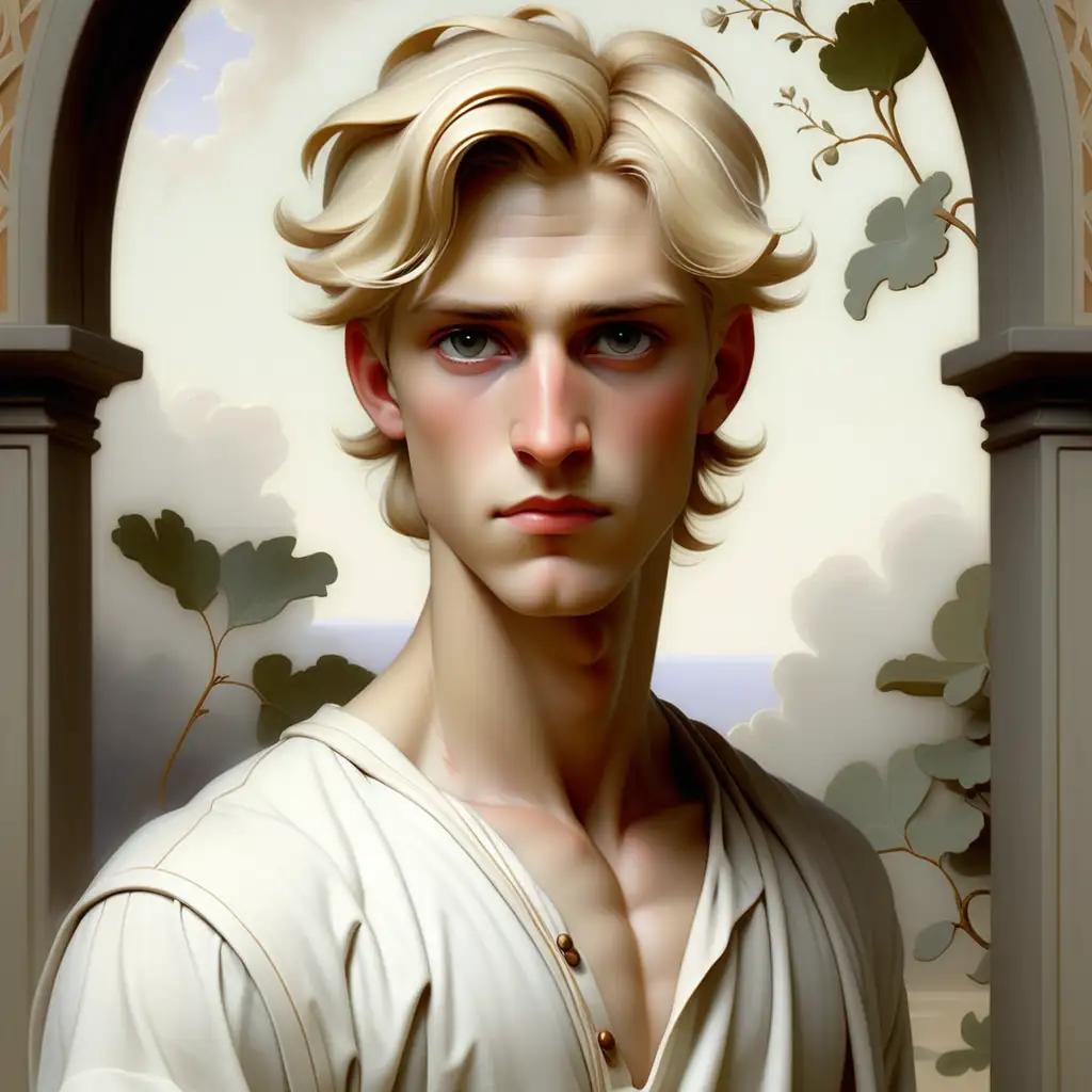 Androgynous beautiful blonde man in a white tunic, painted by bouguereau