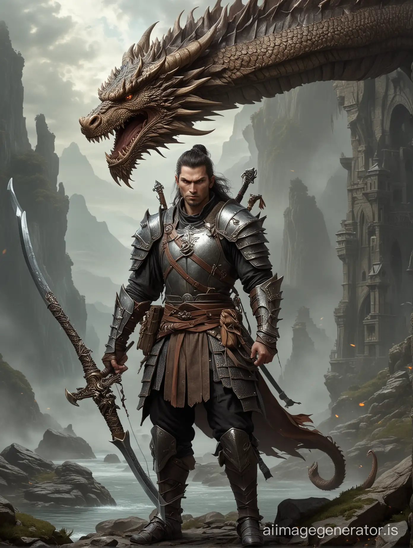 large male with dragon head. carrying sword and a bow. fantasy setting