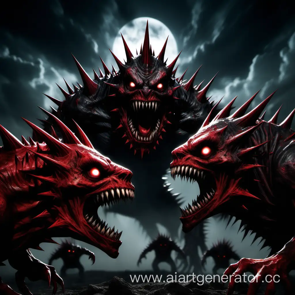 Monstrous-Trio-SharpToothed-Heads-in-a-Dark-Red-Sky