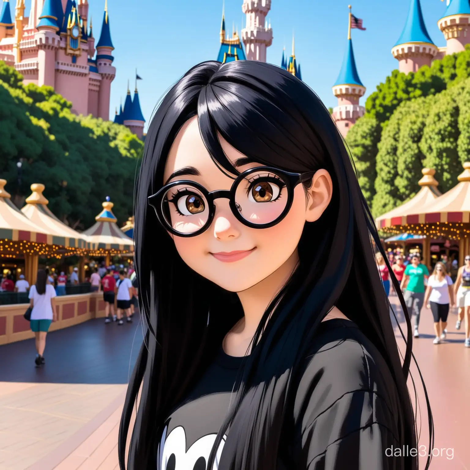 Goth Pixar girl happy with long black hair parted down the middle brown hazel eyes wearing glasses at disneyland