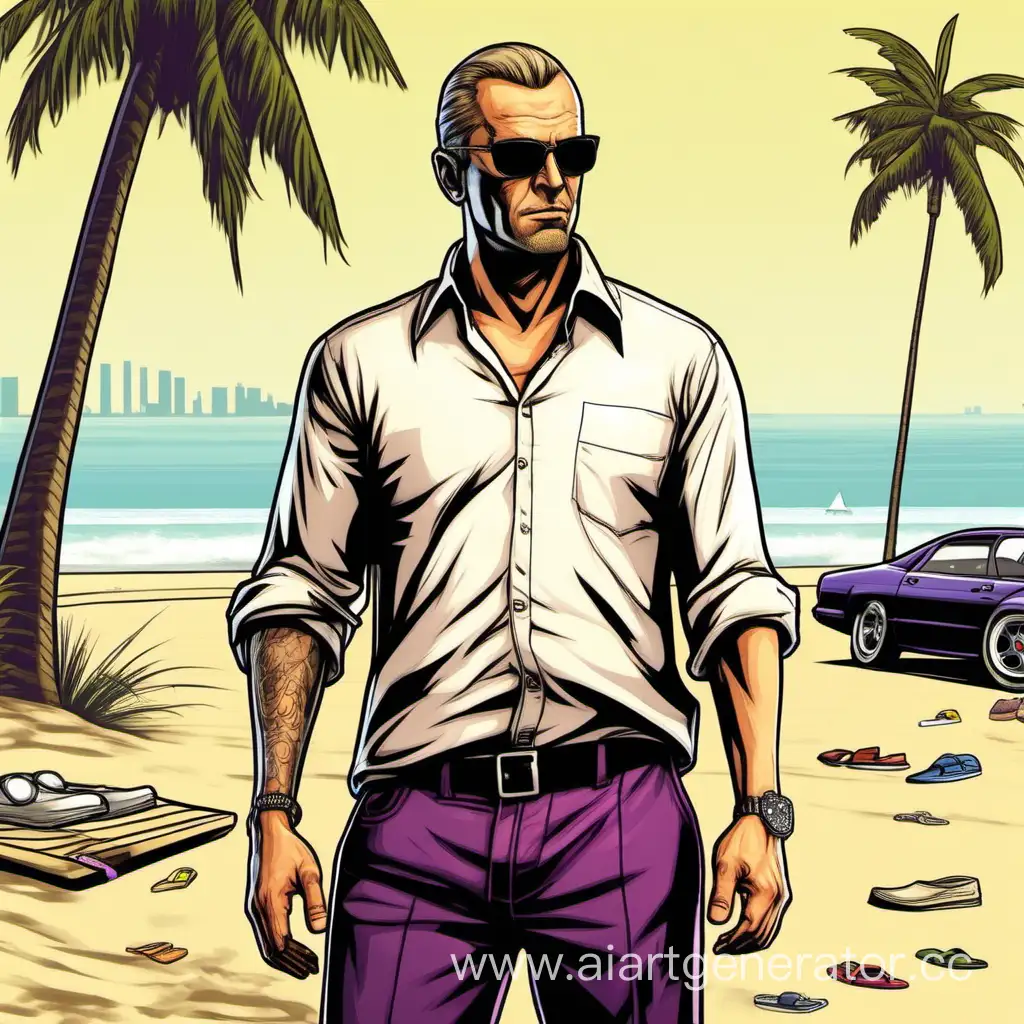 Белый человек в рубашке на фоне пляжа в стиле гта