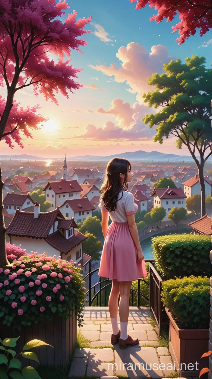  a place that can seen a whole town(a high place and girl is standing between some trees and bushes), town showing small and wide,beautiful evening sunset can be showed,bright round sun and clouds in the sky, dark pink themed sunlight has lightned everywhere,landsacpe.
