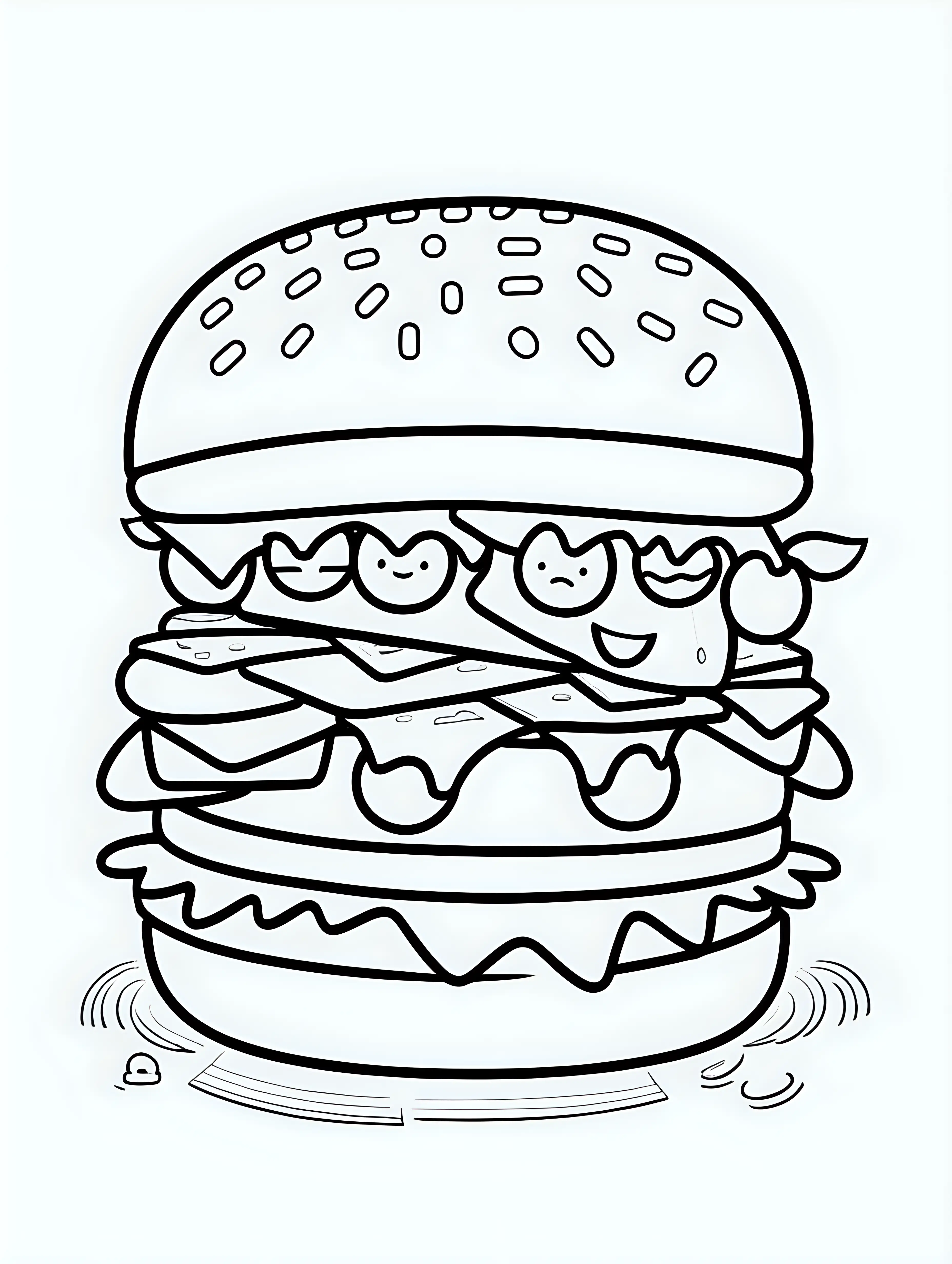 Adorable Cartoon Burger Coloring Page on a Clean White Background