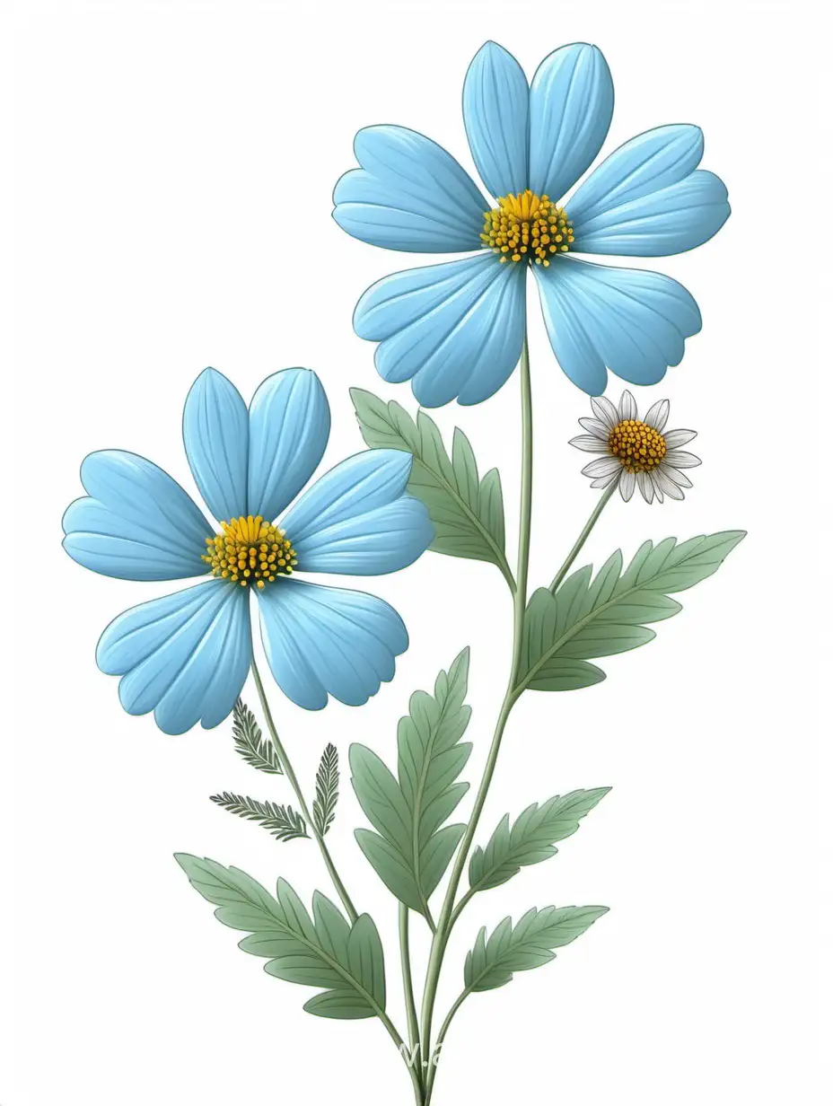 light blue BIG wildflower 3 plants lines art, simple, herb, Unique floral, botanical ,grow in cluster, 4K, high quality, white background,