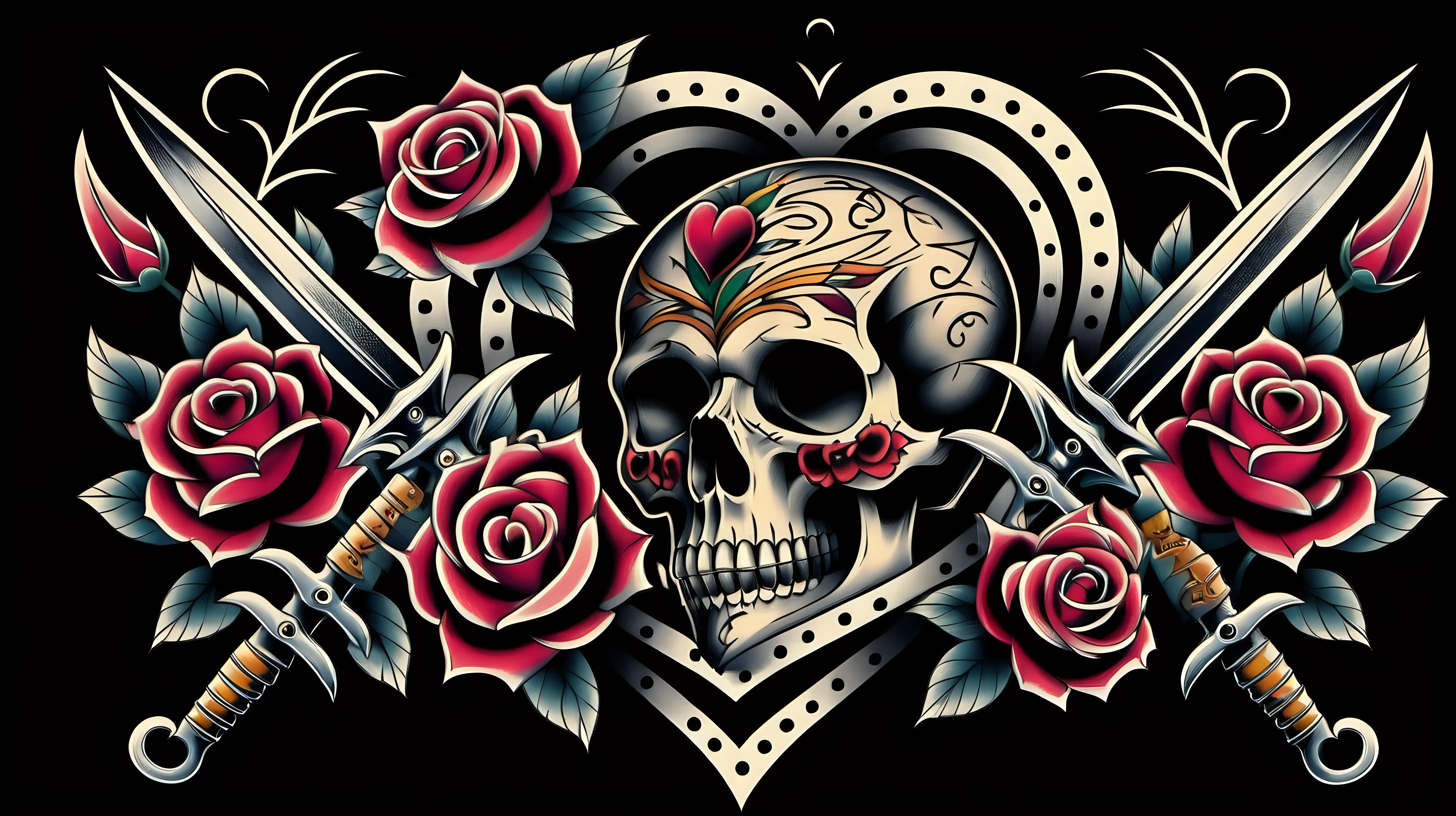 Oldschool Tattoo Design with Roses Skull Dagger and Heart on Black Background