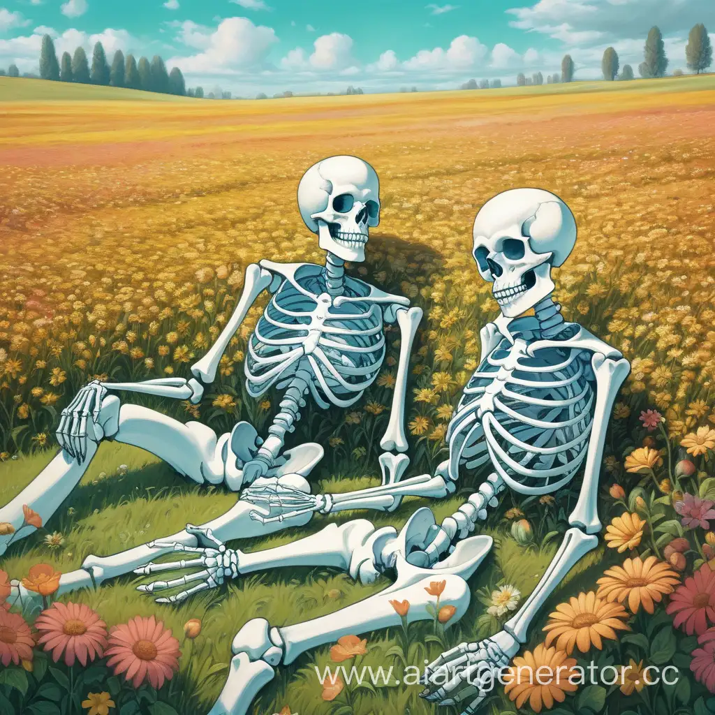 два скелета лежат в цветочном поле и смотрят дру на друга