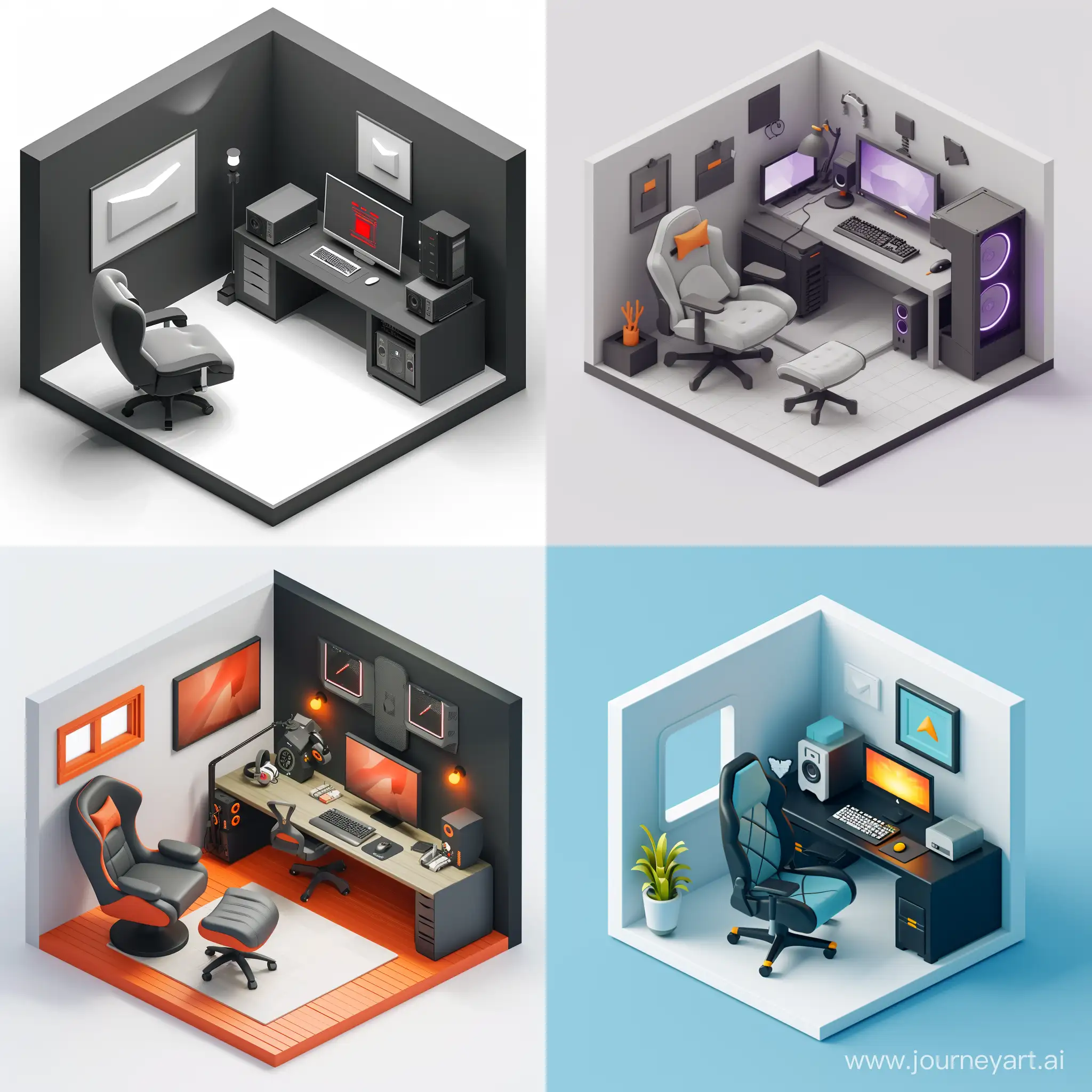 isometric 3D modern room for a streamer with an armchair and only one computer