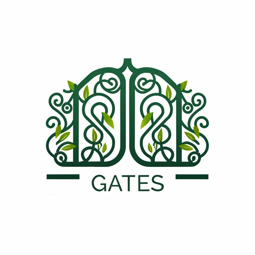a logo design,with the text "gates", main symbol:old fancy driveway gate with climbing plants all over it,Minimalistic,be used in Technology industry,clear background