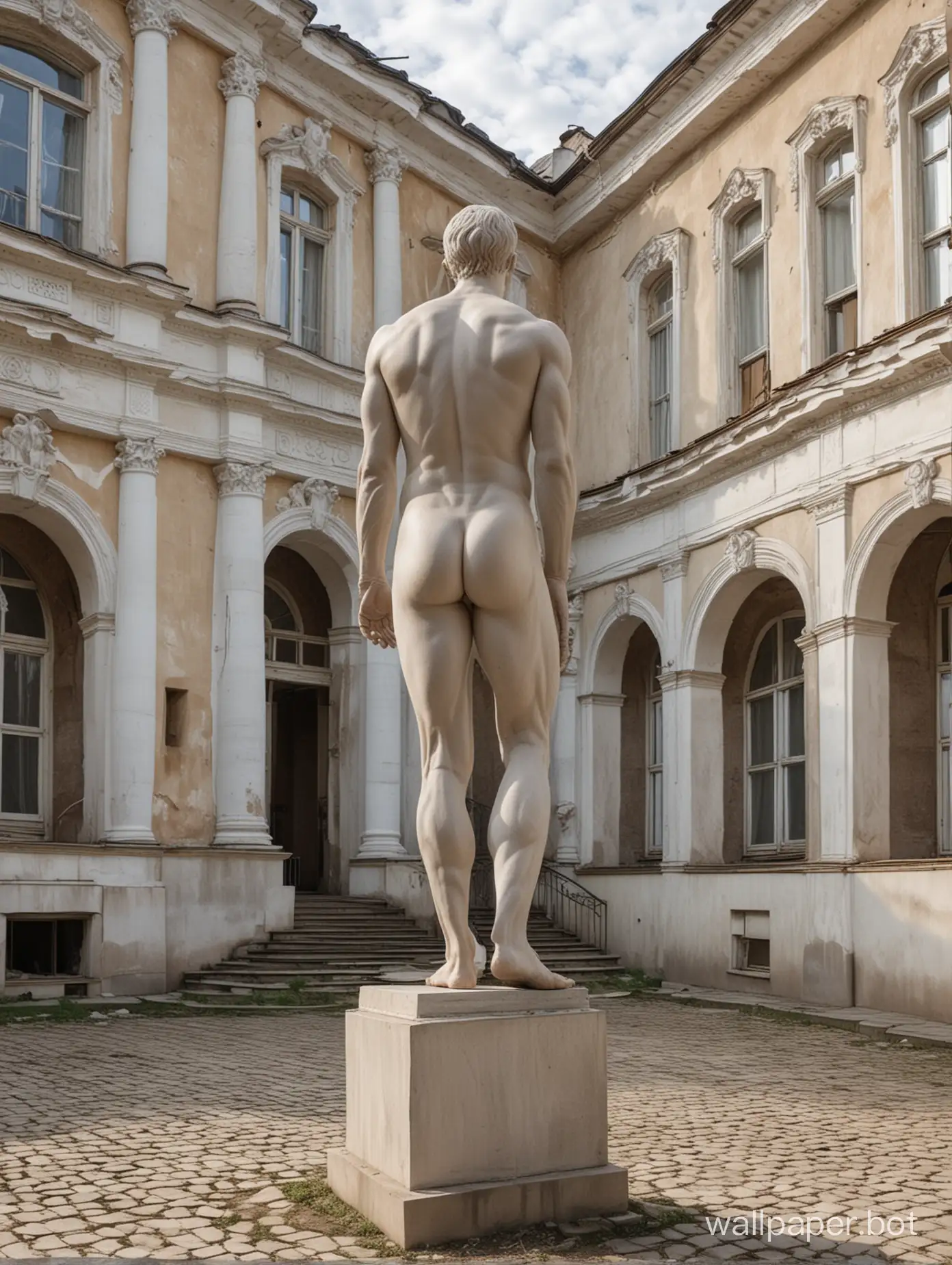 памятник из гипса, голый мужчина со спортивной фигурой, вид сзади, в полный рост, динамичные позы, двор российской школы, школьницы смотрят на памятник