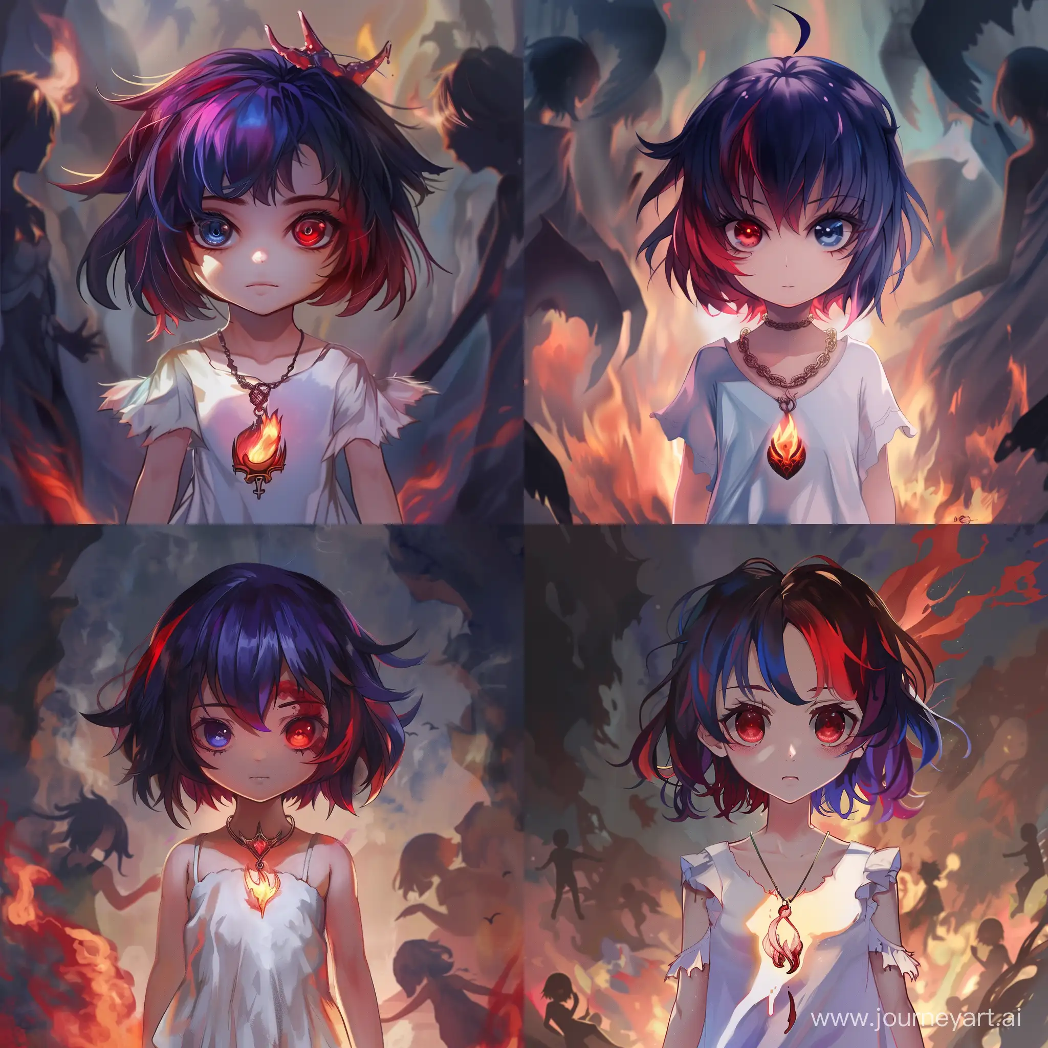 Imagine a powerful demon under Satan, with vast powers, in the body of an innocent little girl. She has dark purple hair with red highlights, mismatched eyes (one red, one blue), wearing a simple white dress and a flame-shaped pendant. Background: surreal, shadowy figures and ethereal flames. Style: 2D anime, blend of innocence and malevolence