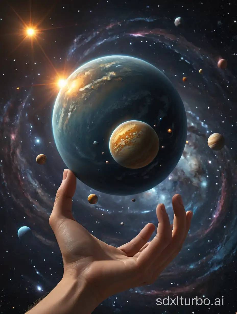 The dark matter of the space creating the format of a hand holding the solar system.