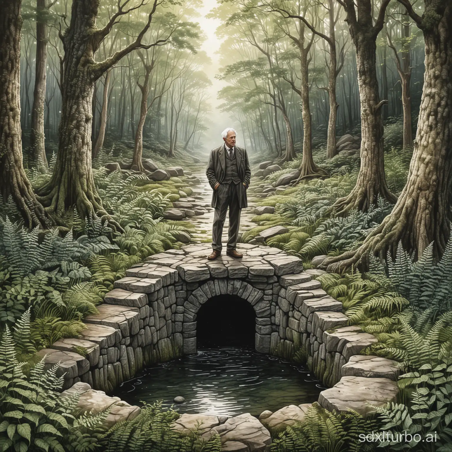 A detailed line art illustration of the poet Robert Frost, depicted in a serene forest clearing. He is standing contemplatively by an old stone well, with delicate ferns gracefully framing the scene. The well is weathered and moss-covered, adding a historical and mystical element to the setting. The overall feel should be tranquil and reflective, capturing the essence of nature and poetry intertwined. The style should incorporate intricate details and textures inspired by alcohol ink art techniques.