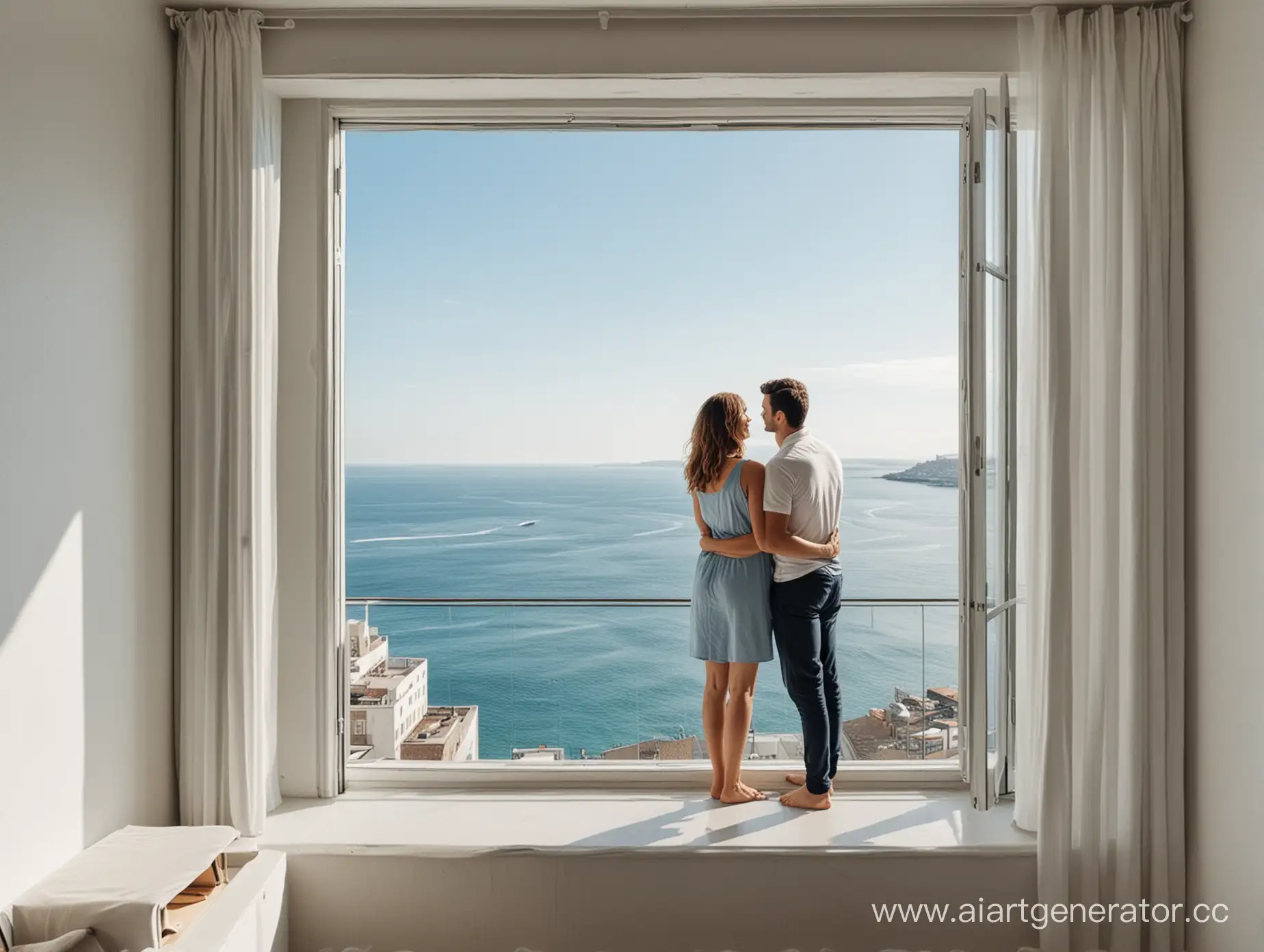 Couple-Admiring-Cityscape-and-Distant-Sea-from-New-Apartment-Window