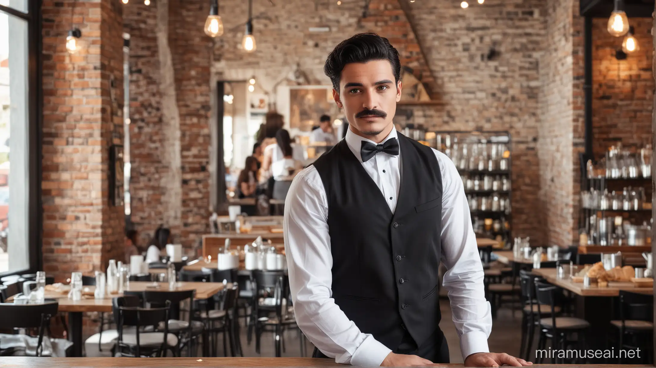 
Waiter with black hair, pyramid mustache, wearing a black vest, white shirt, black bowtie and black trousers in an urban cafe background staring at camera