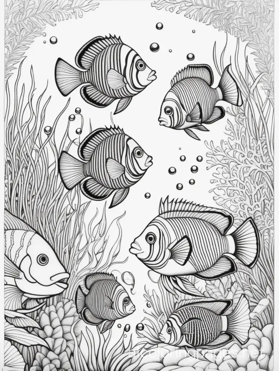 Tropical fish in the style of Boris Indrikoff trending on Art station  extremely detailed  fantasy  oil on canvas  beautiful  high detail  crisp quality, colourful, Coloring Page, black and white, line art, white background, Simplicity, Ample White Space. The background of the coloring page is plain white to make it easy for young children to color within the lines. The outlines of all the subjects are easy to distinguish, making it simple for kids to color without too much difficulty