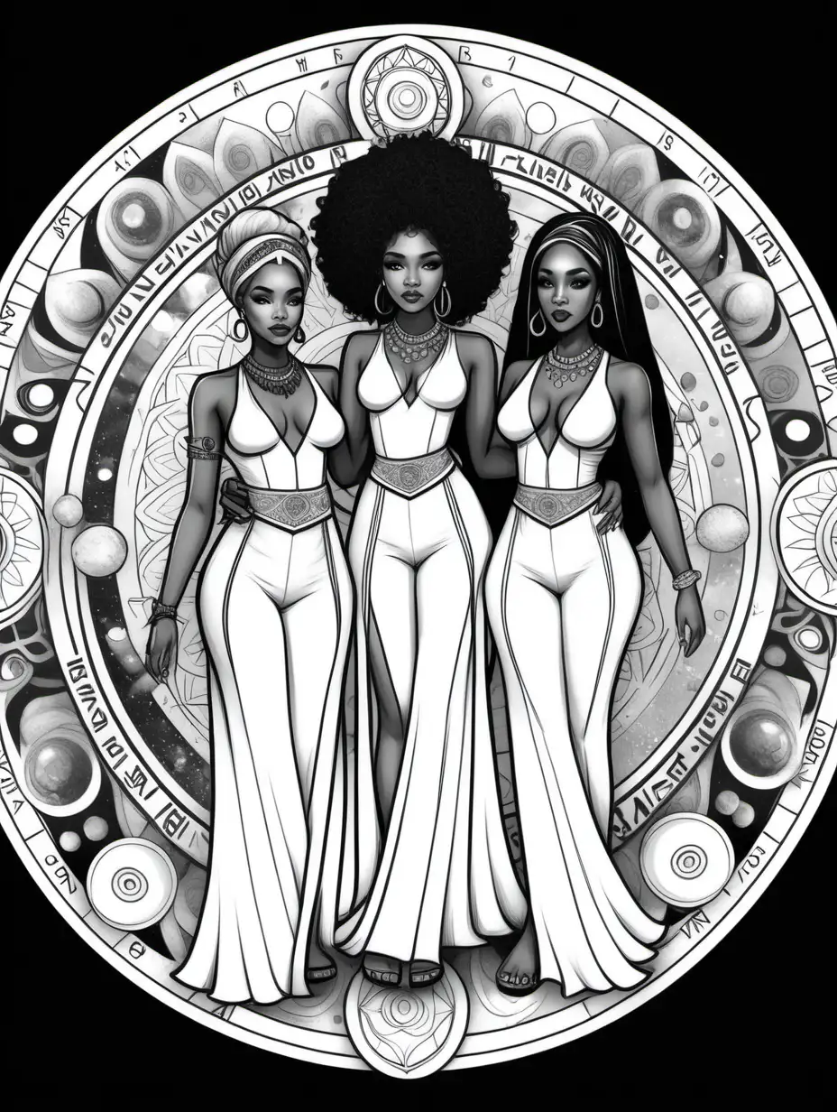 tarot, ghetto, princess, empress, African American, modern, full body, friends, makeup, black and white, no shading, no shade, fine lines, mandala, coloring pages, —at 9:11, transparent hair, friends, teens 