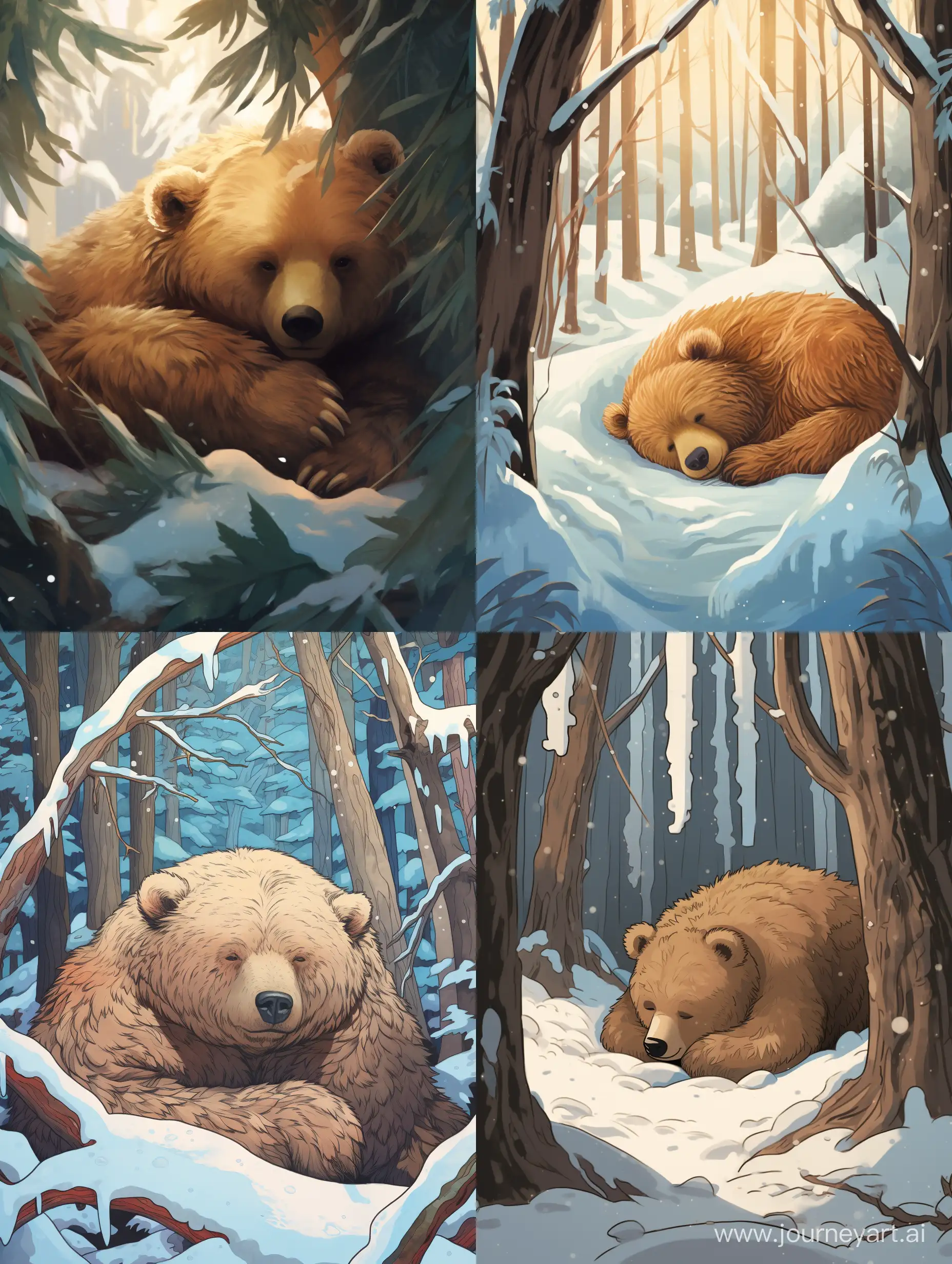 Peaceful-Cartoon-Bear-Sleeping-in-Snowy-Forest-Den