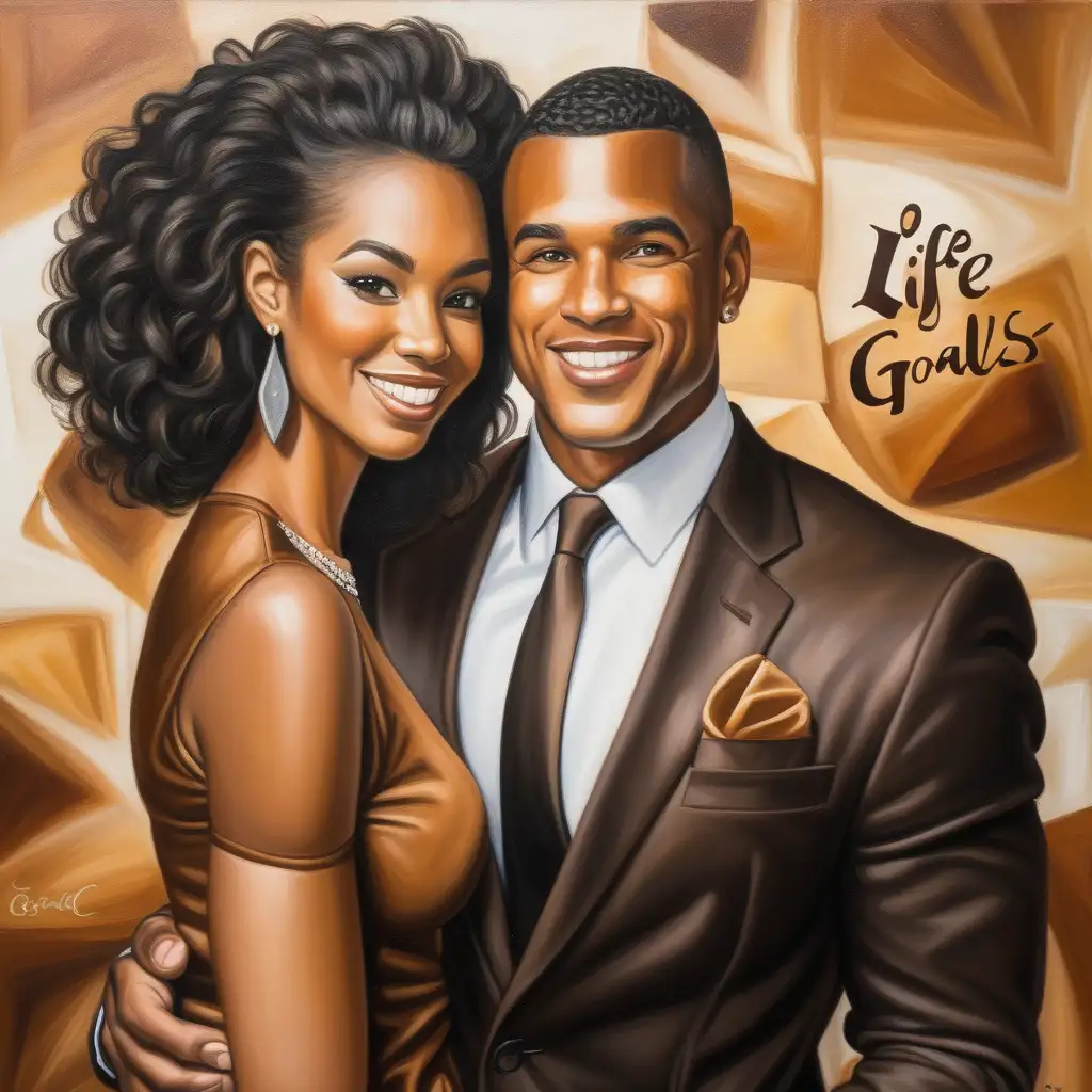 create an oil painting of a handsome successful caramel black couple. with the text: "Life Goals!"
