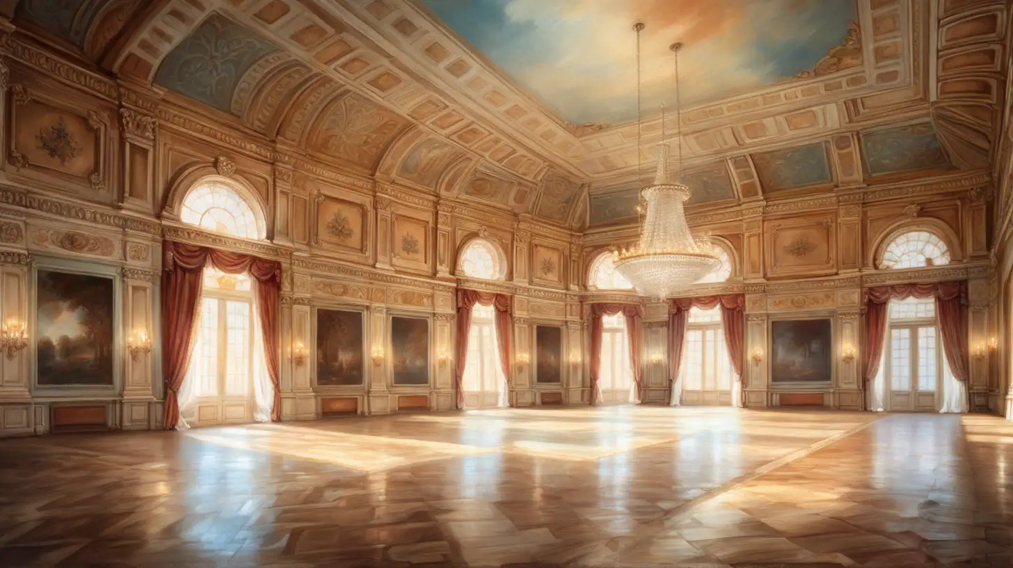 painted background of a palace ballroom with a high ceiling