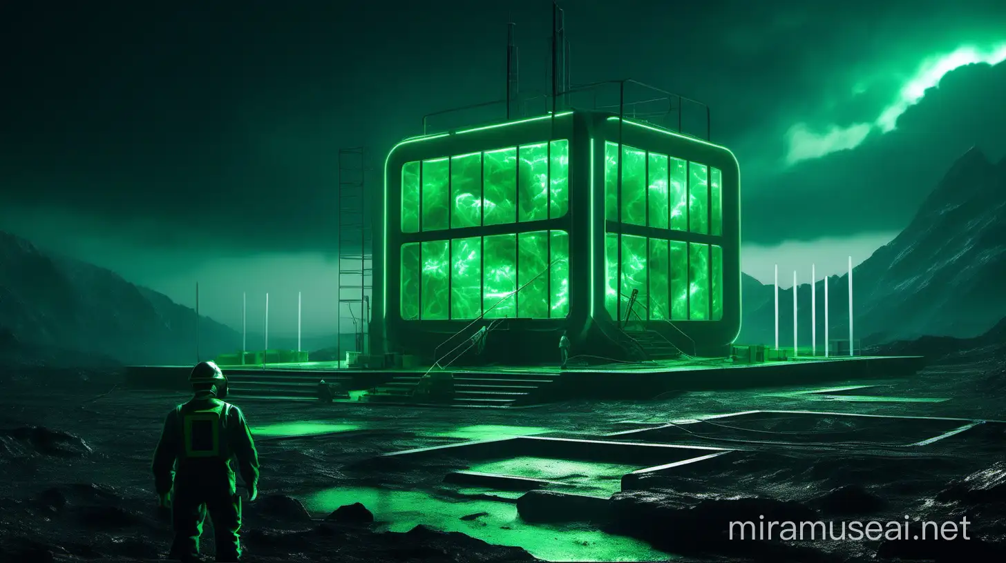 Realistic Research Center with Atmospheric Green Neon Lights in Rainy Weather