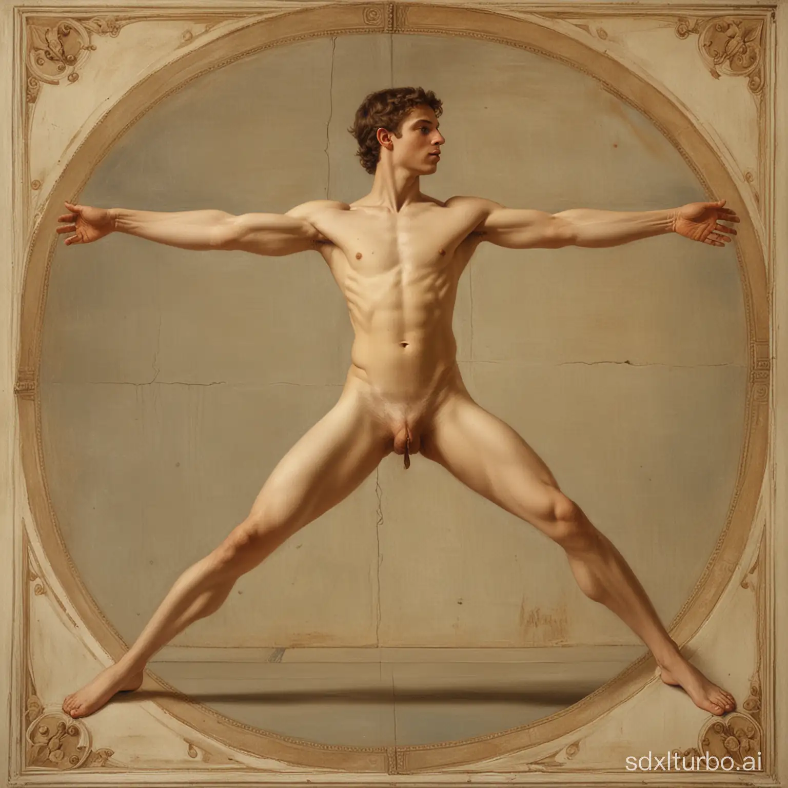 renaissance painting of a naked young man doing the splits, standing up, front on, like the vitruvian man