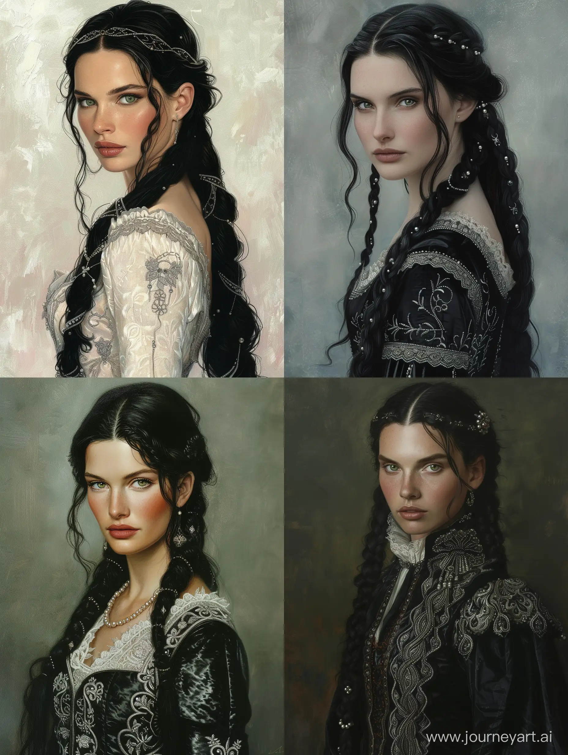 Portrait-of-a-Dutchess-with-RavenBlack-Hair-and-Intricate-Silver-Embroidery