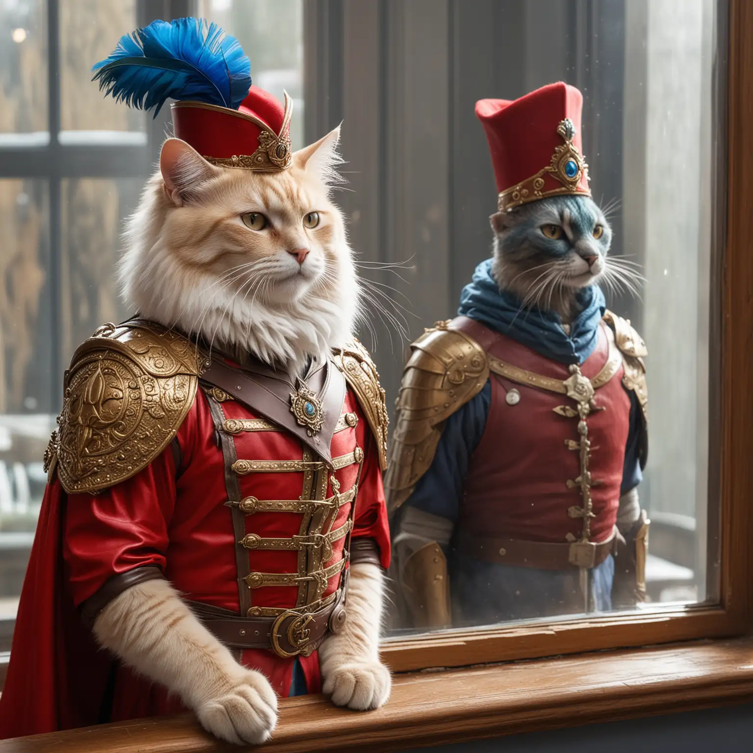  Two catpeople lookat eachotherthrougha glass window,  , Mordenkainen the buff blonde catperson warrior stands facing his rival,sir catimus the white and gray catperson rogue , the stare at each other intinsely through an invisible force field. Mordenkainen the blonde catman wears red leather armor, sir catimus the white with gray patches lean catperson wears royal gaurd vestments and a blue robinhood_hat with a single peacock feather