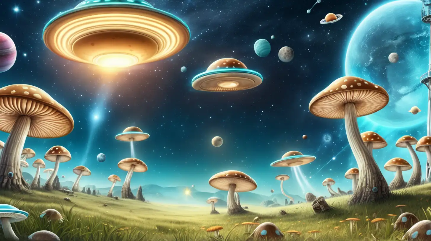 Outer space background with flying saucers and bright planets in the air, in a field of dirty mushrooms 


