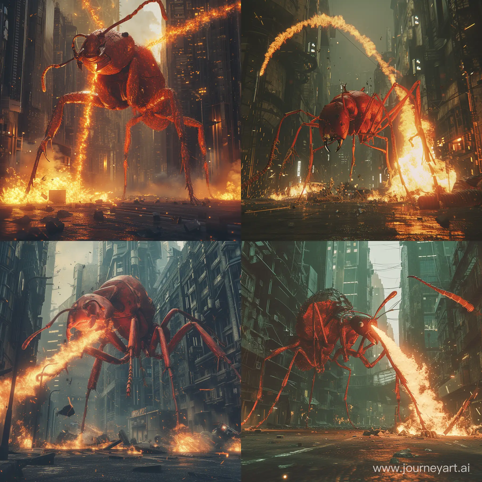 Scene in a burning megalopolis. A giant red ant as big as a building walks through the streets, standing upright. It launches powerful jets of flame from its mouth and breaks buildings with its front legs. We see it from 3/4 side. futuristic, dark and gothic atmosphere. cinema style, ultra detailed, HDR