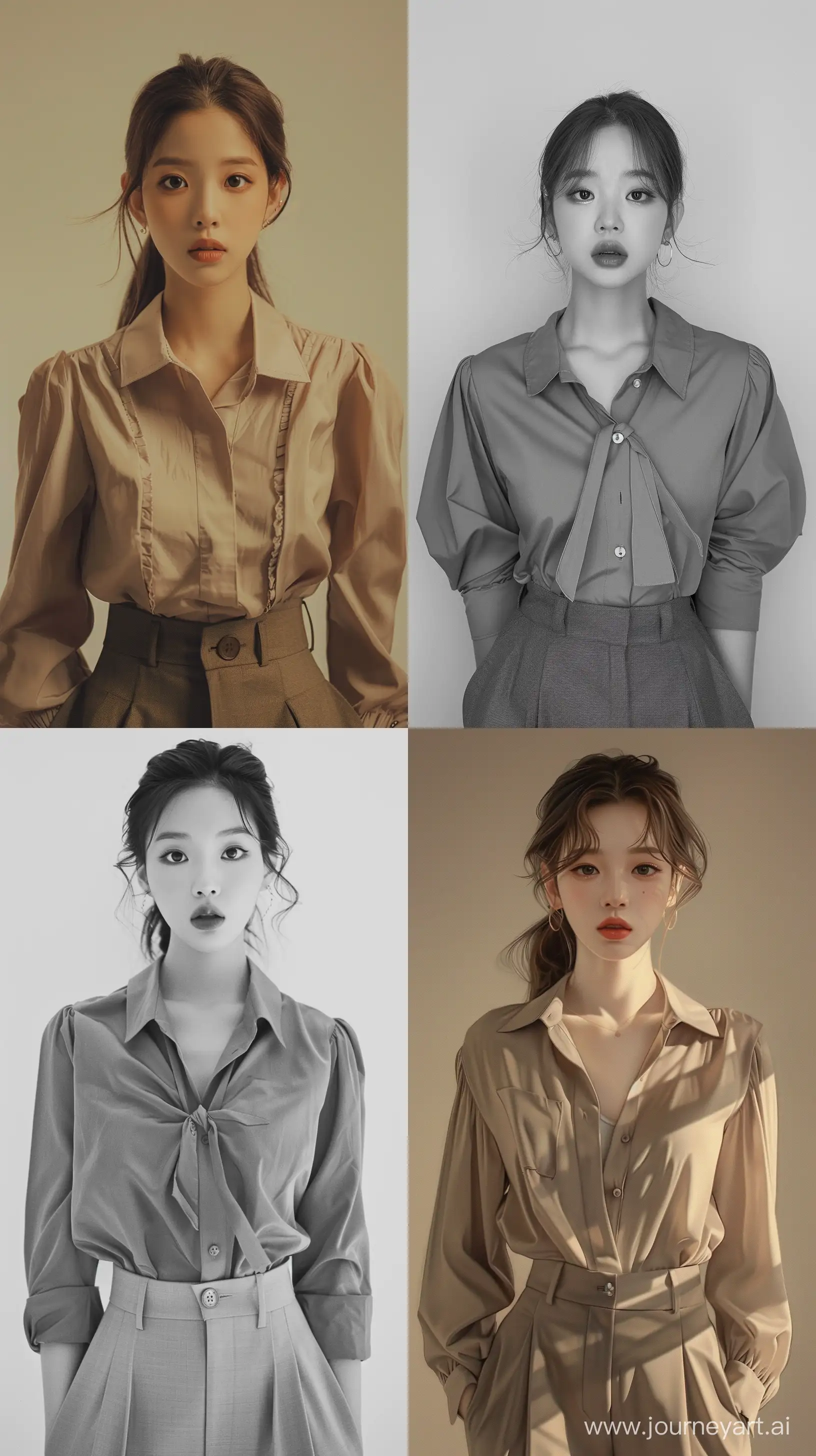 A beautiful Asian woman with wide-set eyes,wearing simple blouse and suit pants, youthful appearance, and facial features resembling Blackpink's Jennie. --ar 9:16 --v 6