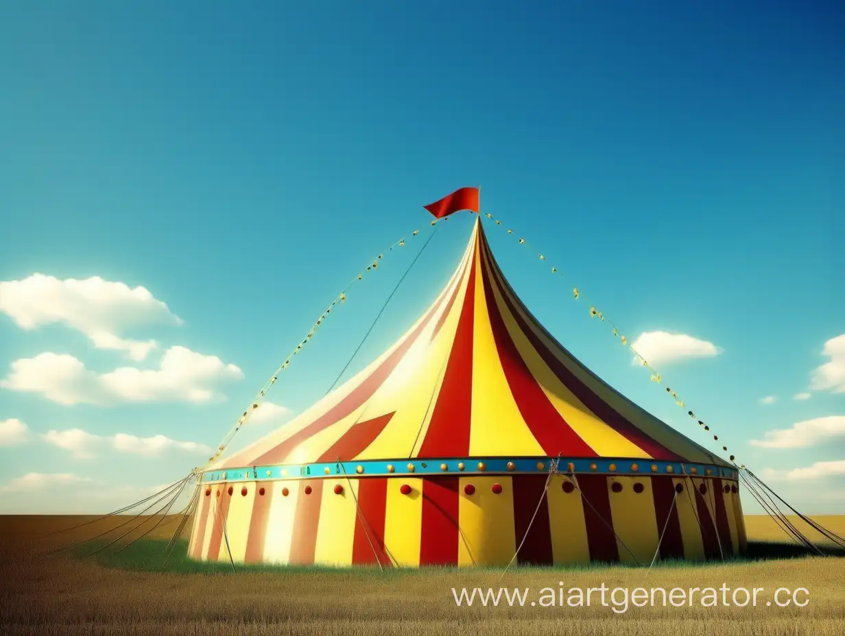 сгенерируй изображение: цирк в поле, купол цирка, на фоне голубое небо. желто-голубые оттенки