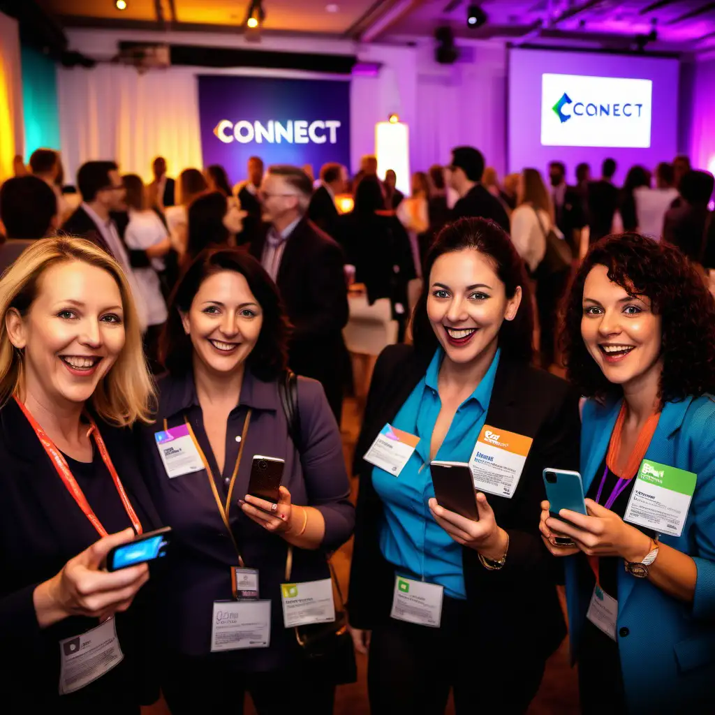 Excited attendees at a networking event with 'Connect Event' branding. Keywords: Networking, Excitement, Event, Smartphone Camera, Wide Shot, Vibrant Colors, Light Editing