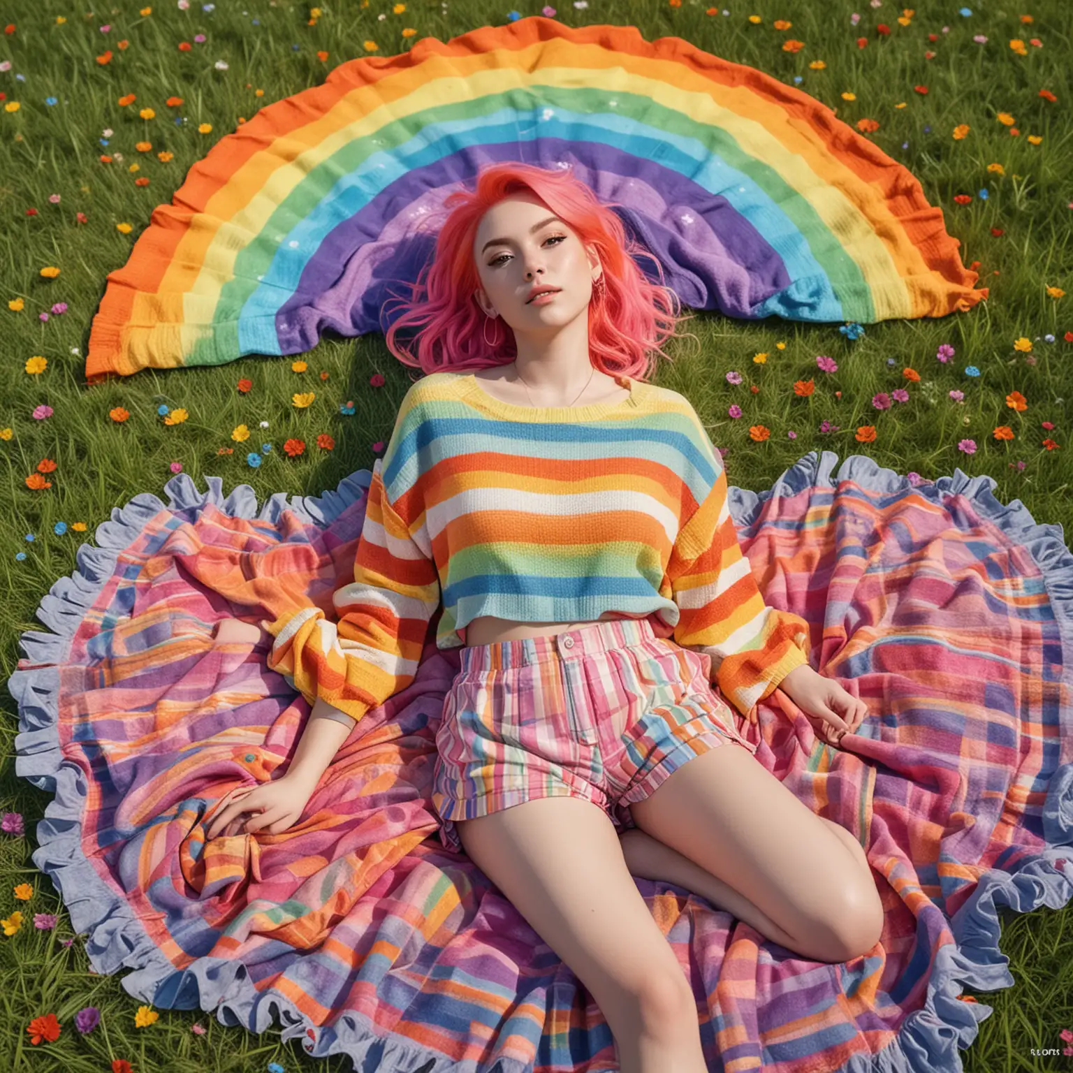 Realistisch einer jungen Frau mit Regenbogenhaarfarbe und sehr bunter Kleidung im Kawaii-Stil:
Regenbogenhimmel: Sie liegt auf einer pastellfarbenen Decke im Gras und betrachtet den Himmel, der von einem brillanten Regenbogen in allen Farben des Spektrums verziert ist.