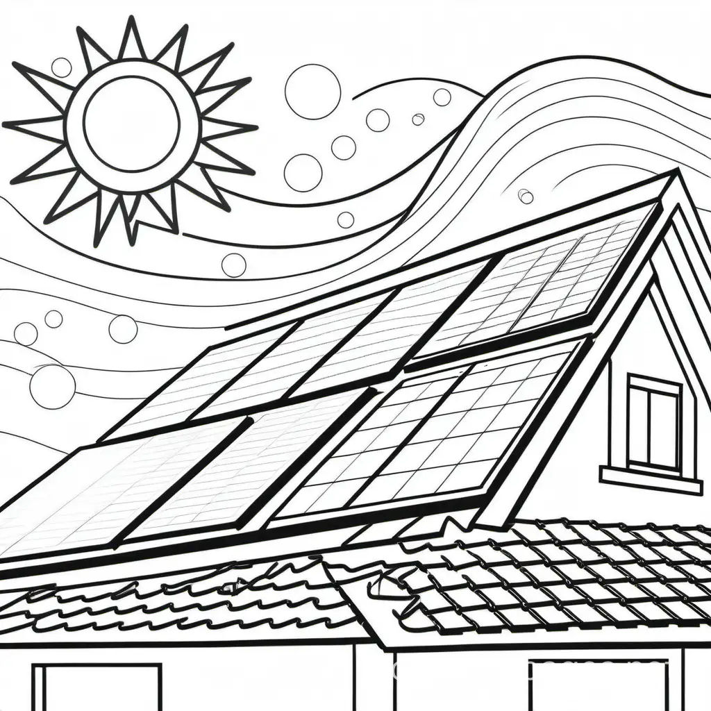 Solar panel on the roof for kids, Coloring Page, black and white, line art, white background, Simplicity, Ample White Space. The background of the coloring page is plain white to make it easy for young children to color within the lines. The outlines of all the subjects are easy to distinguish, making it simple for kids to color without too much difficulty