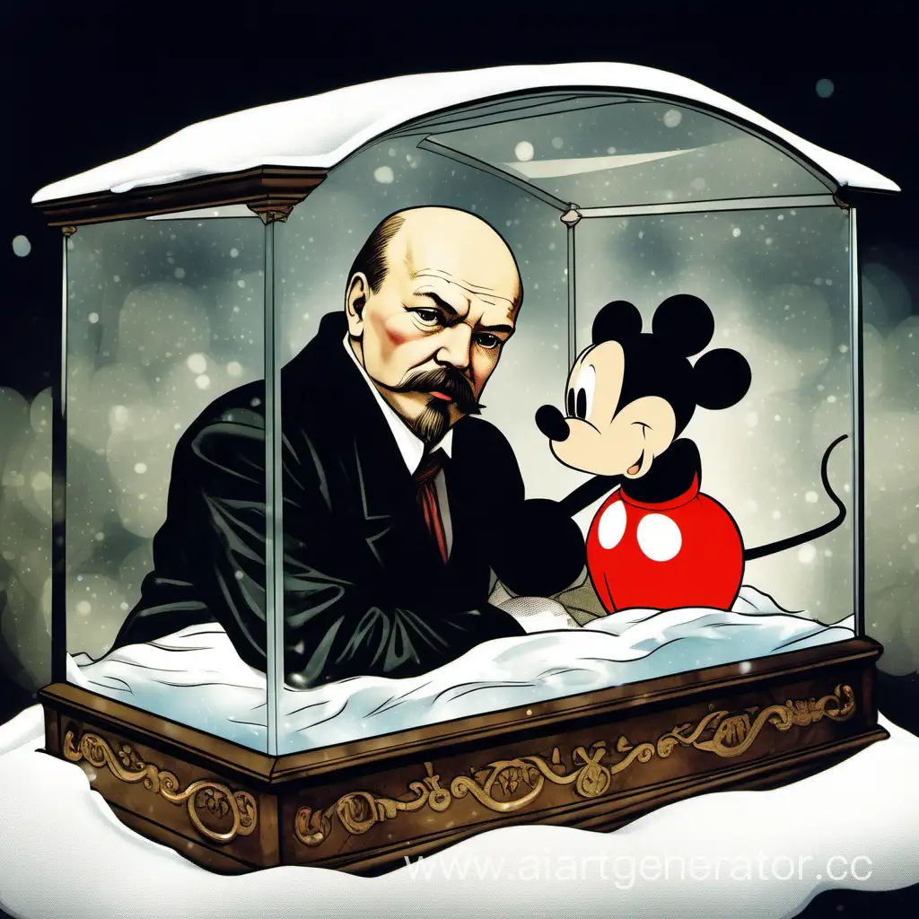 Владимир Ленин лежит в стеклянном гробу как Белоснежка над ним склоняется мышонок Микки Маус и целует его