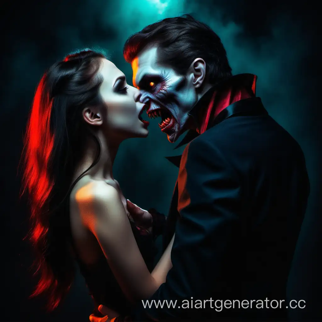 Девушка стоит задом , парень вампир кусает ее лицо цветная картинка