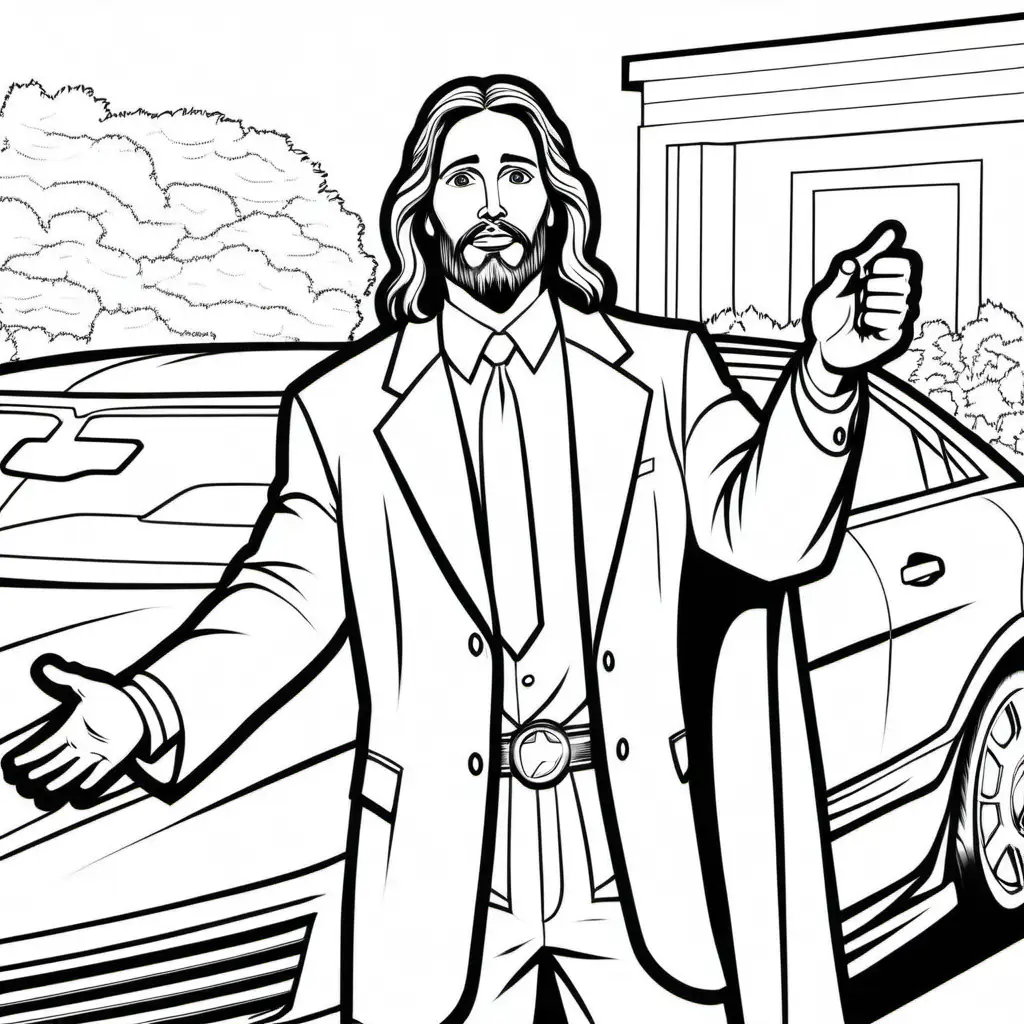 Dynamic Jesus Christ Superhero Car Salesman Coloring Book Image