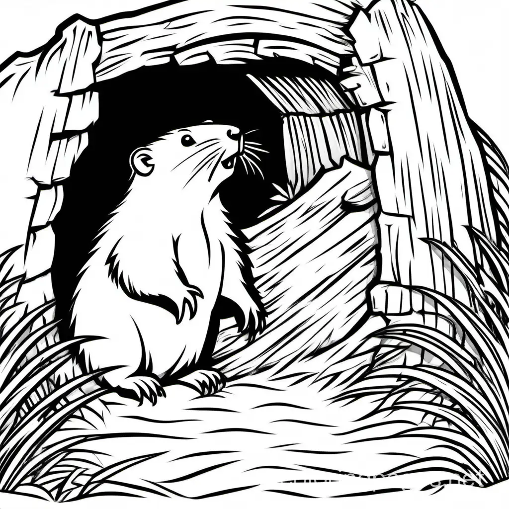 1. Sleepy Groundhog: Show a yawning groundhog peeking out of its burrow., Coloring Page, black and white, line art, white background, Simplicity, Ample White Space. The background of the coloring page is plain white to make it easy for young children to color within the lines. The outlines of all the subjects are easy to distinguish, making it simple for kids to color without too much difficulty