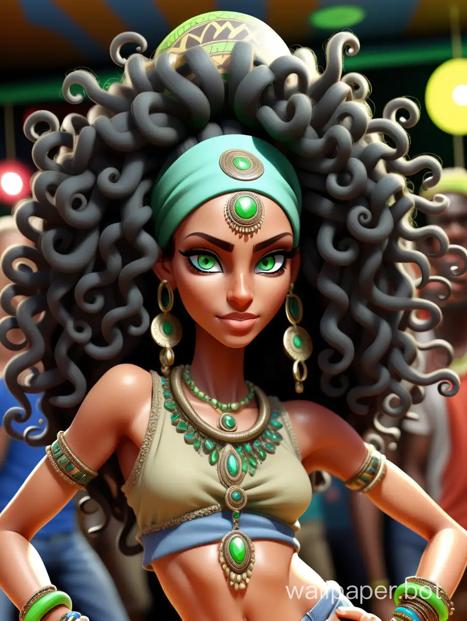 beautiful Latin American woman, long black hair in tight curls, sparkling green eyes, a headband with encrusted precious green stones on her forehead, dressed in an African tunic, blue jeans, Nike sneakers, African bracelets on her arms, dancing on the dance floor...