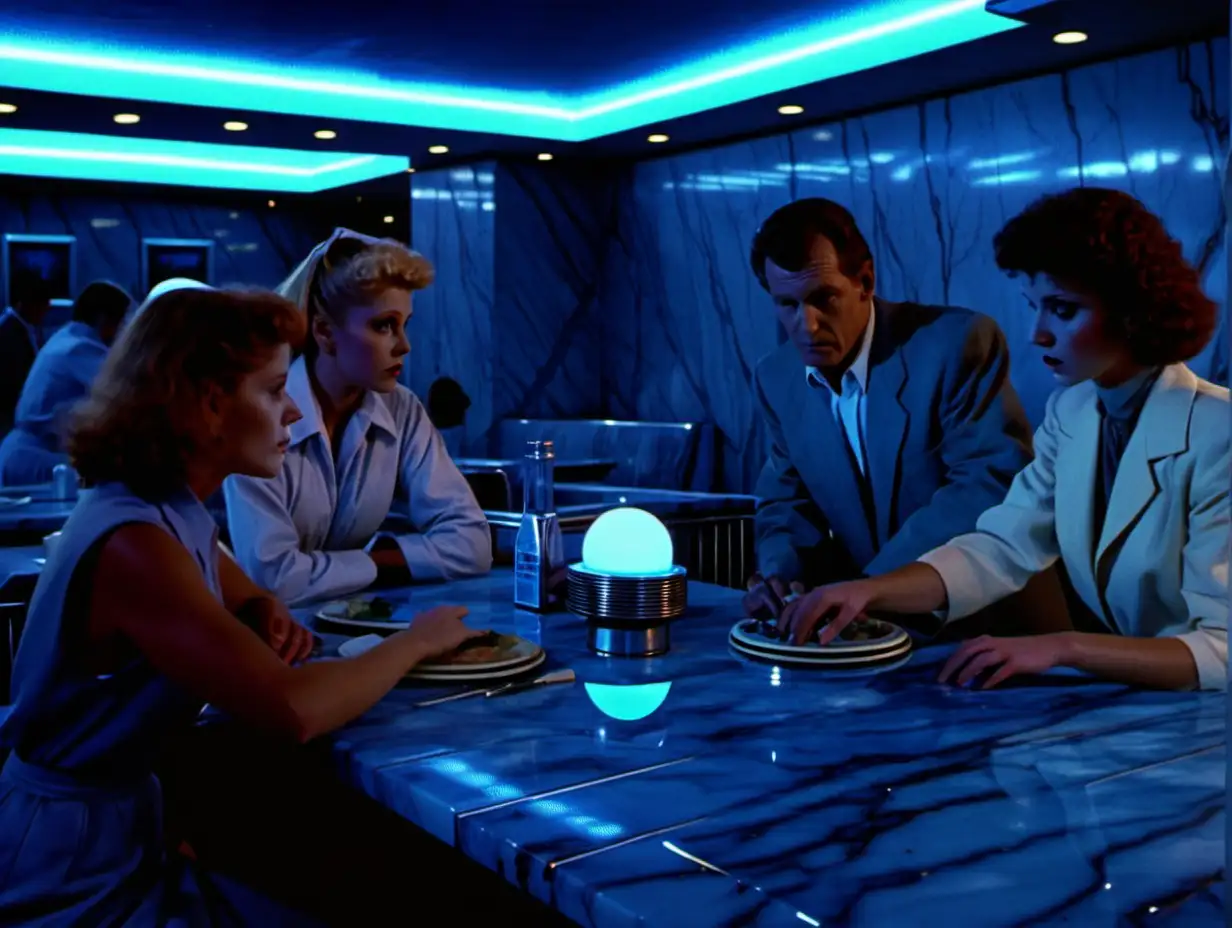 footage from 1980s sci-fi film, diner scene, people made of marble, blue lit