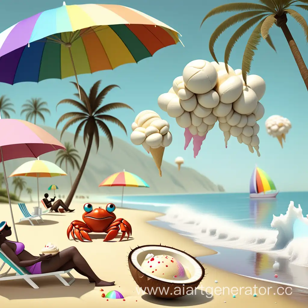 море, пляж, крабы, солнце, радужные дельфины, пальмы с кокосами, люди едят мороженное под зонтиками