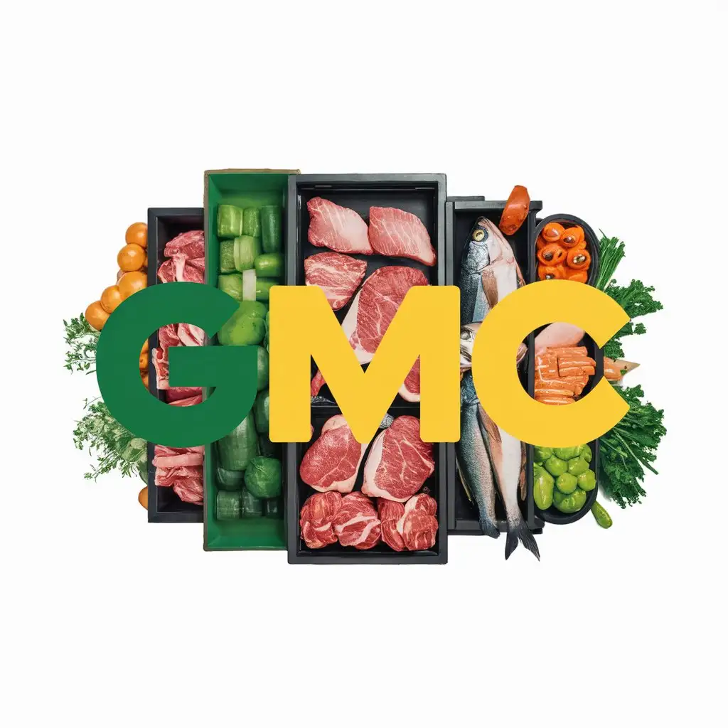 GMC Logo with Vibrant Groceries Meat and Fish in Green and Yellow