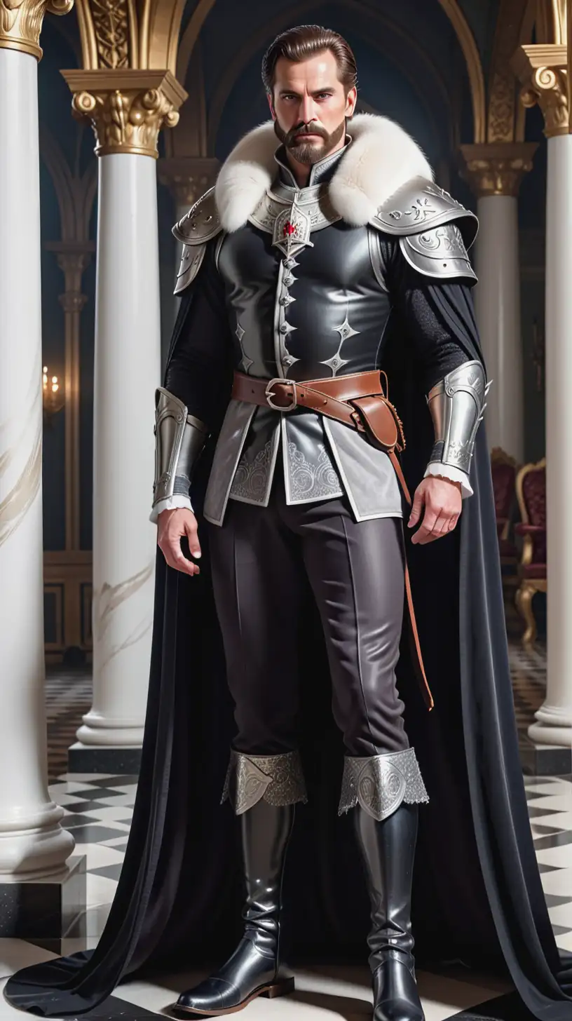 An image of a tall and imposing king with broad shoulders and a muscular build. He stands at 6'3" and has salt-and-pepper hair that is styled short and neat, with a trimmed beard and mustache. His attire consists of a black doublet with silver embroidery and matching trousers, along with a long black cape lined with white fur. He wears black leather boots that reach up to his knees. Inside a throne room in a detailed fantasy style 
